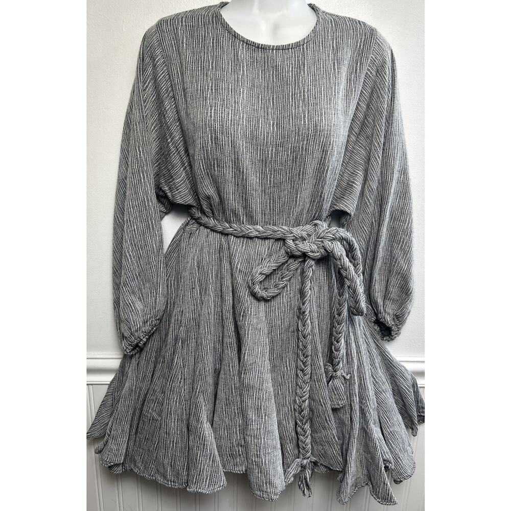 Storia Gray Long Sleeve Pleated Dress with Braided Belt